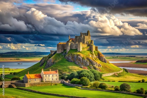 Holy Island Castle: Cloudy Coastal Serenity, Northumberland, England - Historic Stone Buildings, Tranquil Fields