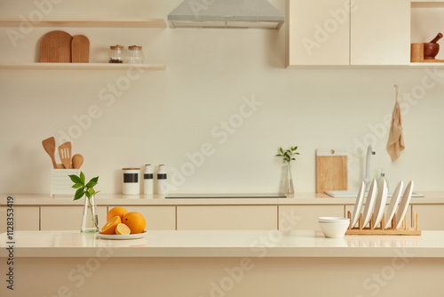 Fotografie Kitchen layout photography with a wooden kitchen island, kitchen counter and some other convenient kitchen interior in morning