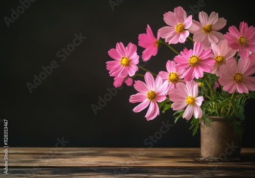 Wallpaper Mural Beautiful Arrangement of Pink Cosmos Flowers in a Rustic Pot Set Against a Dark Background for a Serene and Elegant Home Decor Aesthetic Torontodigital.ca