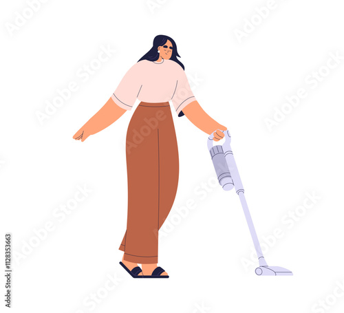 Woman with cordless stick vacuum cleaner for housework. Happy female tidying floor with home domestic tool, housekeeping electric appliance. Flat vector illustration isolated on white background