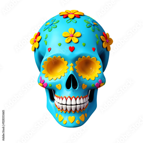 Colorful Day of the Dead Sugar Skull with Floral Design Isolated on Transparent Background