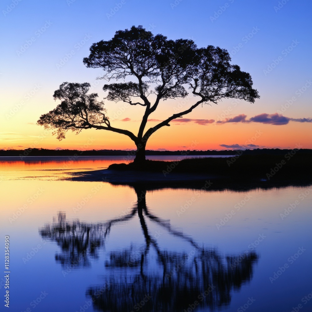 silhouette of a tree at sunset reflecting on water silhouette of a tree at sunset reflecting on water