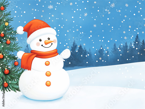 A cheerful snowman in a red hat and scarf, standing against a snowy background, evoking warm holiday spirits and winter wonderland vibes.