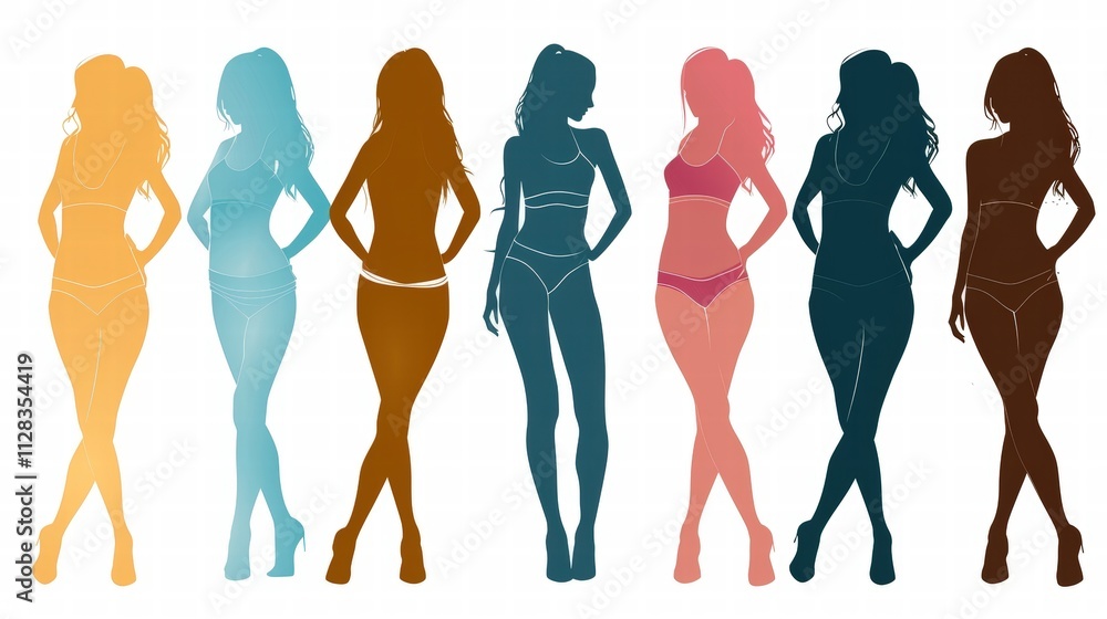 Diverse Silhouettes of Women in Various Poses and Colors Diverse Silhouettes of Women in Various Poses and Colors