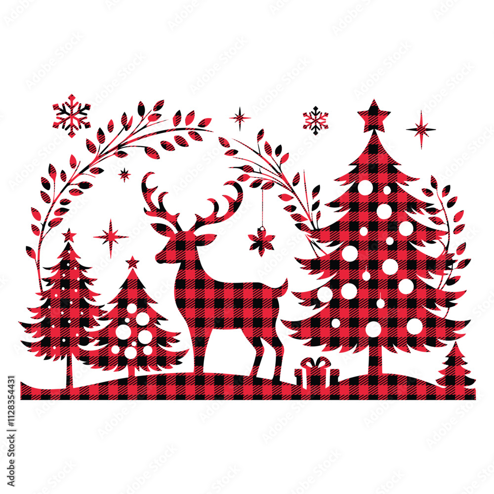 Naklejka premium Christmas outdoor design at Buffalo plaid pattern festive background design deer and trees vector,