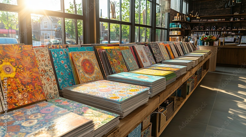 Colorful Notebooks and Sketchbooks Displayed on a Wooden Shelf in a Bright and Inviting Creative Workspace with Natural Light Streaming Through Window Colorful Notebooks and Sketchbooks Displayed on a Wooden Shelf in a Bright and Inviting Creative Workspace with Natural Light Streaming Through Window