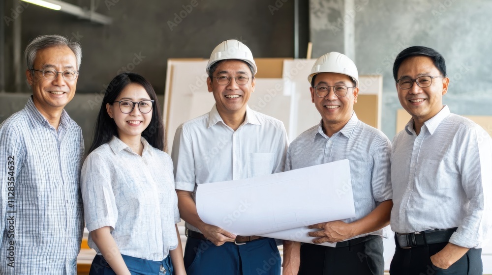 A collection of portrait photos of Asian architects, from fresh graduates to senior planners, smiling with blueprints A collection of portrait photos of Asian architects, from fresh graduates to senior planners, smiling with blueprints