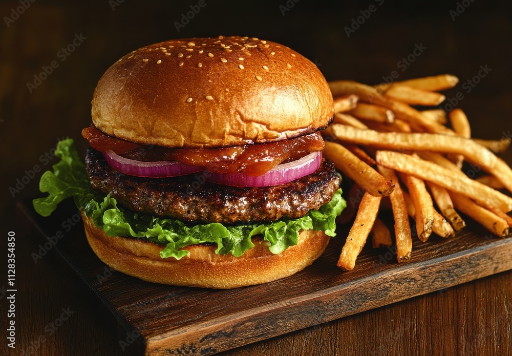 Delicious gourmet burger with crispy bacon, fresh lettuce, and red onion, served with golden French fries on wooden board against dark background Delicious gourmet burger with crispy bacon, fresh lettuce, and red onion, served with golden French fries on wooden board against dark background