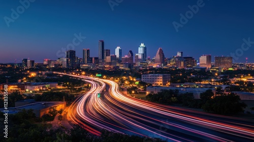 city skyline at dusk with light trails