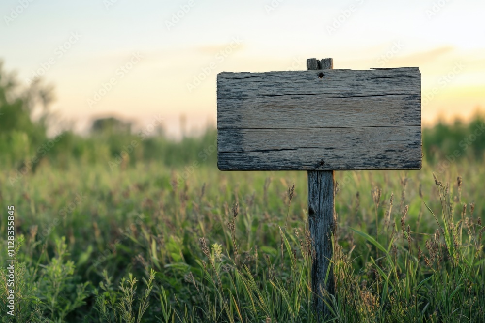 empty wooden sign in a grassy field at sunset empty wooden sign in a grassy field at sunset
