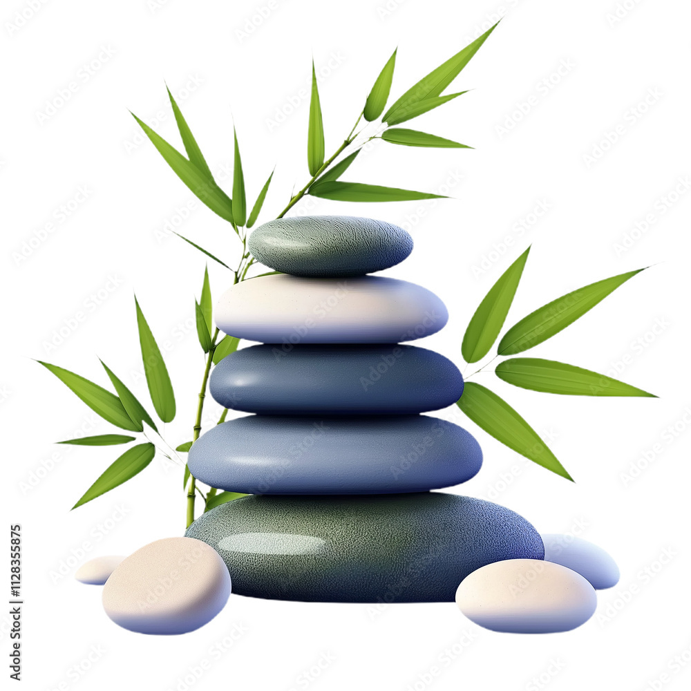 Balanced Stones with Bamboo Leaves Isolated on White Background Balanced Stones with Bamboo Leaves Isolated on White Background
