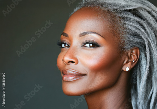 Side profile of a woman with silver locs and radiant skin, symbolizing confidence, elegance, and timeless beauty.  photo