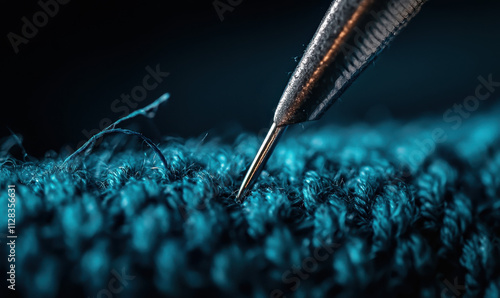 Intricate Macro View of a Needle Piercing Through Vibrant Blue Textile Fabric Showcasing the Art and Precision of Sewing Crafts photo