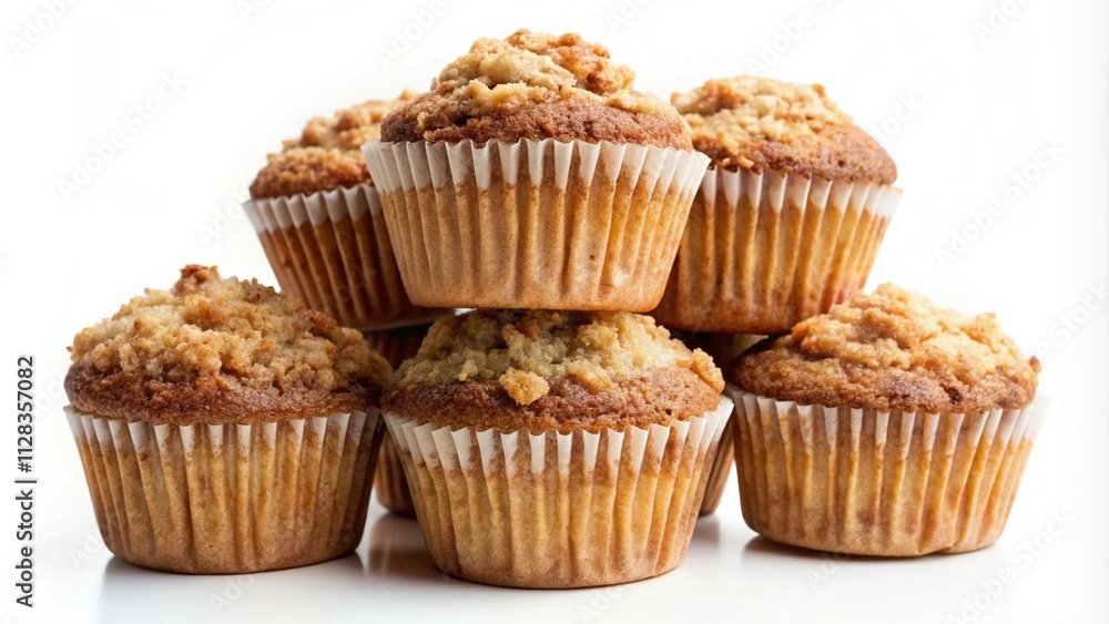 Stack of cinnamon streusel muffins on white background, topped with crumbly brown sugar topping. Stack of cinnamon streusel muffins on white background, topped with crumbly brown sugar topping.