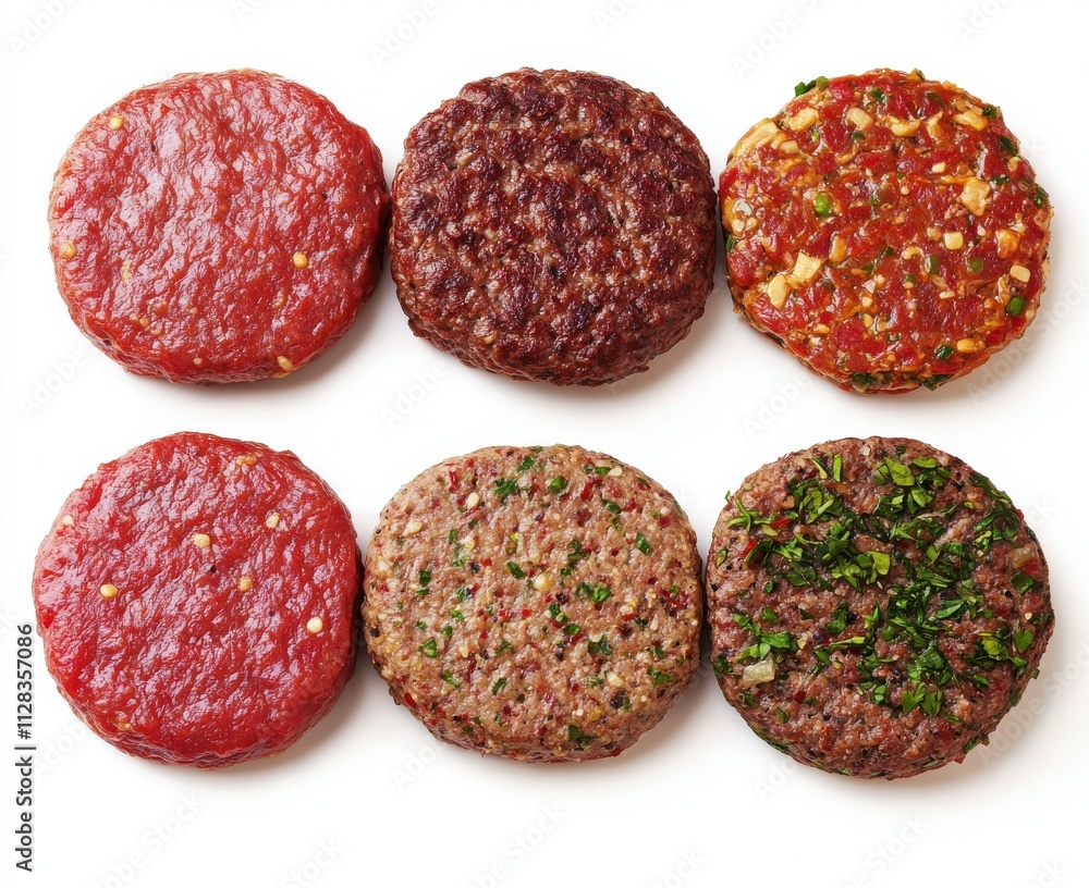 Fresh and Raw Beef Ground Patties with Various Herbs and Seasonings for Tasty Grilling or Cooking Highlighting Colorful Flavors and Ingredients Fresh and Raw Beef Ground Patties with Various Herbs and Seasonings for Tasty Grilling or Cooking Highlighting Colorful Flavors and Ingredients