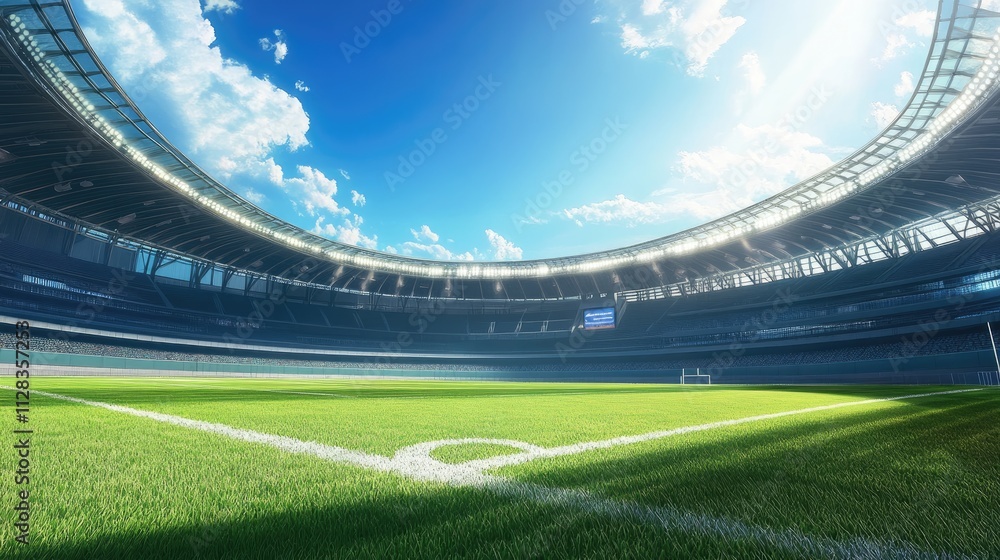 A panoramic view of a bright, open stadium with a well-maintained grass field. A panoramic view of a bright, open stadium with a well-maintained grass field.