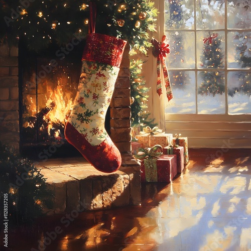 Crackling Fire Illuminates Christmas Stocking photo