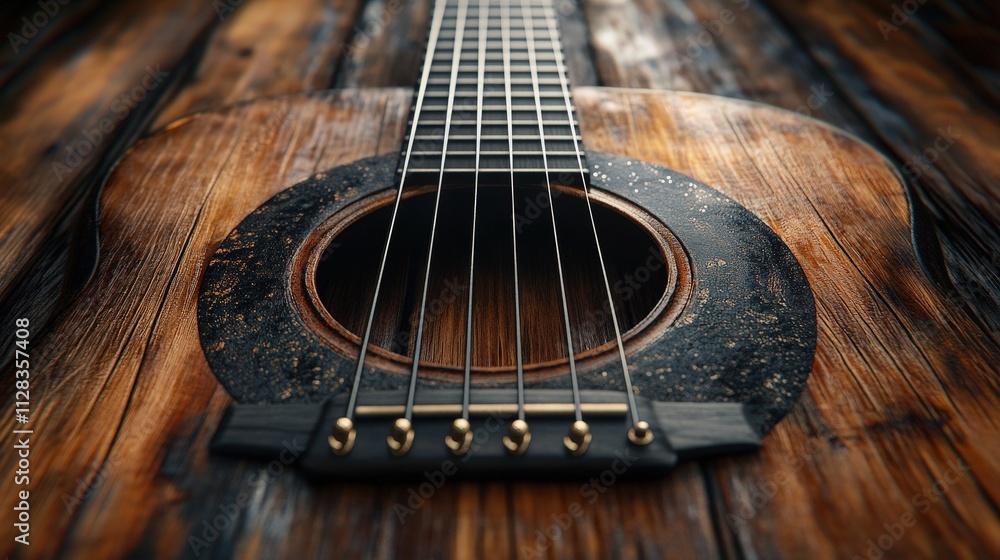 Fototapeta premium Close-Up of a Beautifully Crafted Guitar on Rustic Wooden Surface, Showcasing Intricate Details, Warm Tones, and a Passion for Music and Artistry
