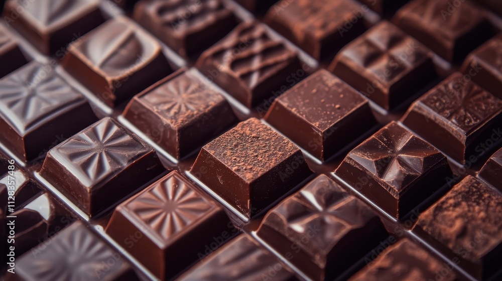 Close-up of assorted dark chocolate squares. Perfect for food, dessert, or confectionery themes. Close-up of assorted dark chocolate squares. Perfect for food, dessert, or confectionery themes.