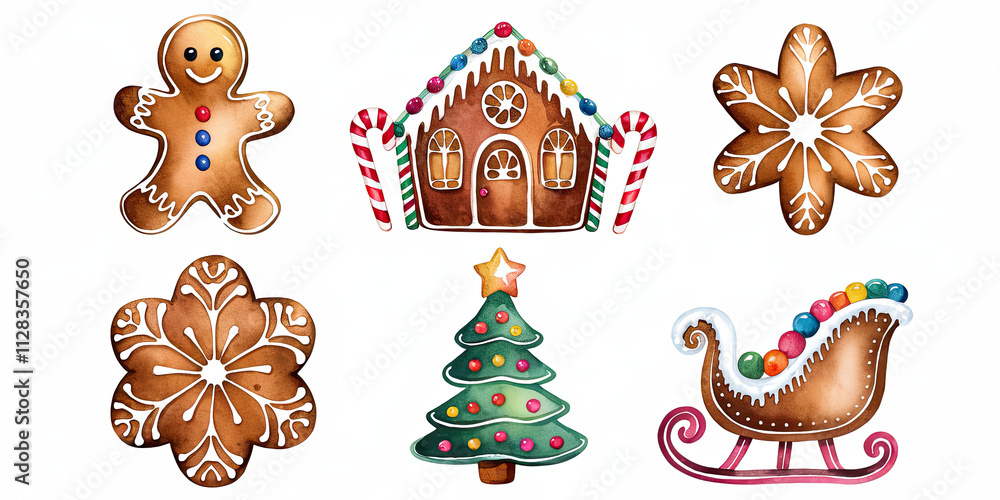 Fototapeta premium Watercolor Christmas Gingerbread Cookies House Man Snowflake Star Sleigh