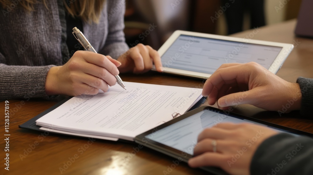 Close-up of two people signing a document on a table with digital tablets. Close-up of two people signing a document on a table with digital tablets.