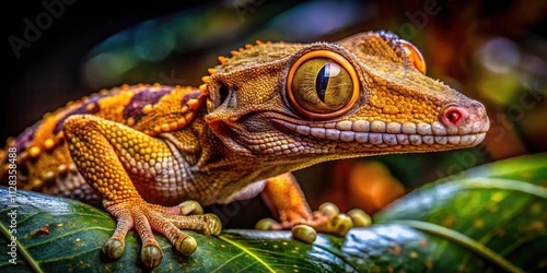 Madagascar Uroplatus Gecko Eating Insect, Closeup Food Photography, Night Wildlife, Reptile Diet, Exotic Pet,  Gecko Food,  Uroplatus Phantasticus,  Leaf-Tailed Gecko,  Reptile Photography photo