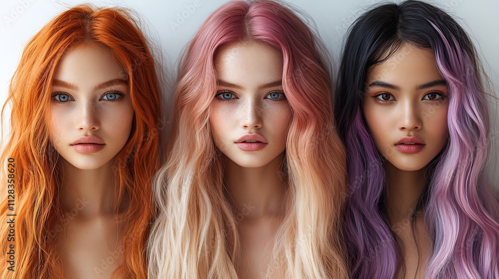 Isolated white background diverse models long hair in various styles and colors including different haircuts and ethnic backgrounds across age groups Isolated white background diverse models long hair in various styles and colors including different haircuts and ethnic backgrounds across age groups