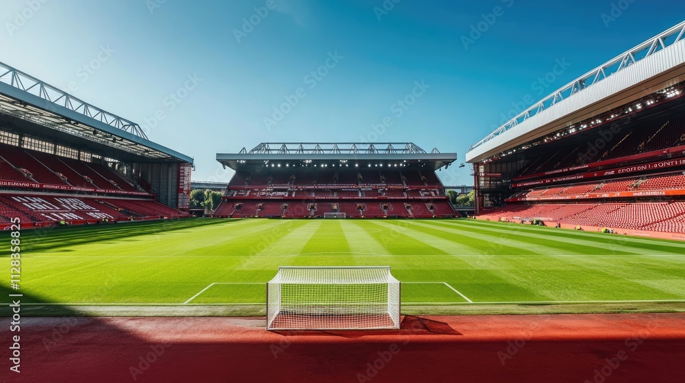 A panoramic view of a football stadium with a well-maintained pitch and seating areas. A panoramic view of a football stadium with a well-maintained pitch and seating areas.