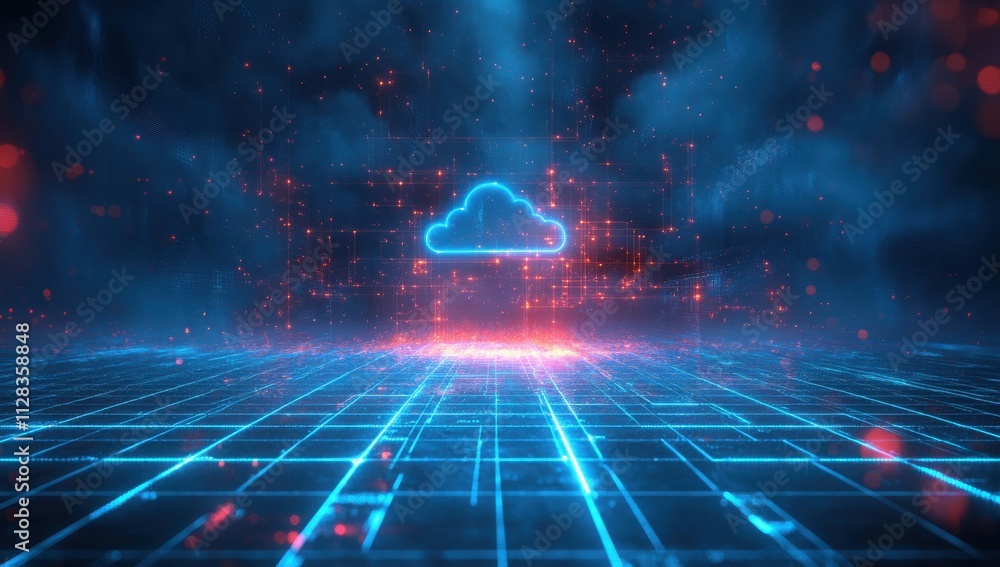 Futuristic Digital Cloud with Neon Grid and Data Streams Representing Cloud Computing in a High-Tech Abstract Background Futuristic Digital Cloud with Neon Grid and Data Streams Representing Cloud Computing in a High-Tech Abstract Background
