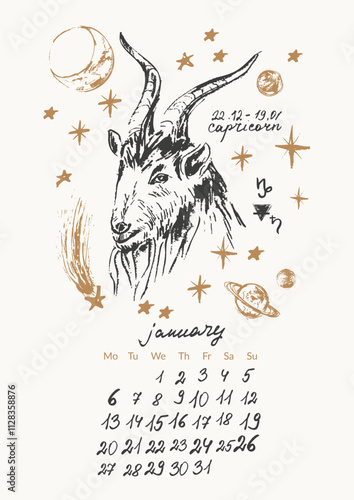 January month calendar with hand drawn capricorn zodiac sign illustration, planets, sun, moon, stars.