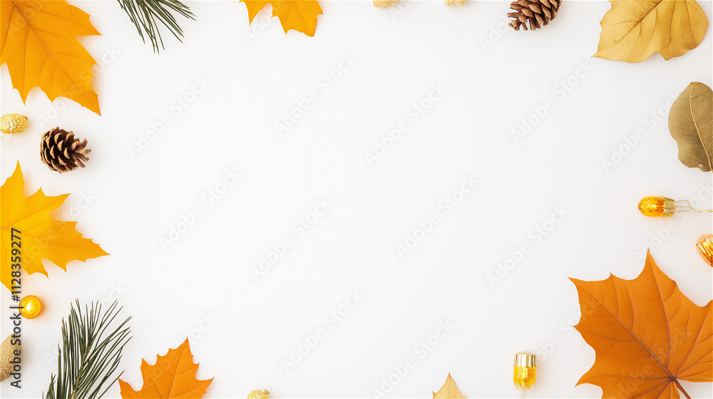 Autumn-themed border featuring orange and yellow leaves, pine cones, and space for seasonal greetings or text on a light background. Highlights warmth and nature. Autumn-themed border featuring orange and yellow leaves, pine cones, and space for seasonal greetings or text on a light background. Highlights warmth and nature.