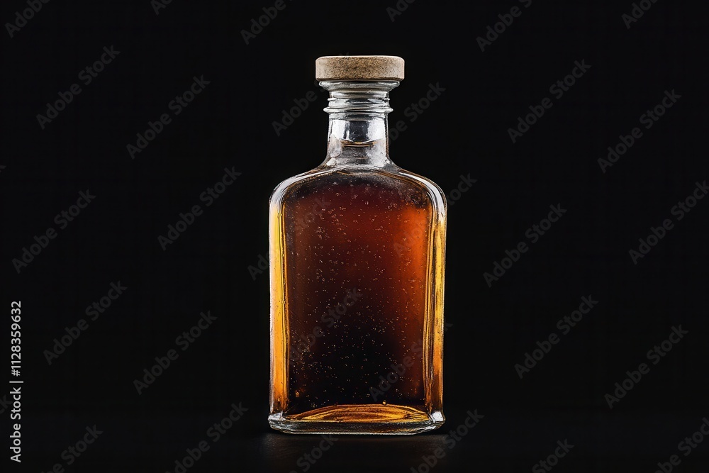 Amber liquid in a clear glass bottle with a cork stopper. Perfect for liquor, whiskey, or beverage websites. Amber liquid in a clear glass bottle with a cork stopper. Perfect for liquor, whiskey, or beverage websites.