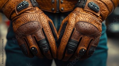 Close-up of Brown Leather Motorcycle Gloves with Perforated Details photo