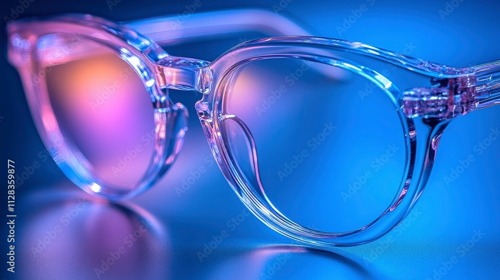 Transparent Eyeglasses with Blue and Pink Reflections - Close-up Macro Shot Transparent Eyeglasses with Blue and Pink Reflections - Close-up Macro Shot
