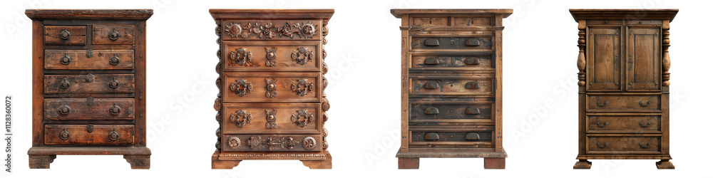 Antique cabinet with drawers isolated on transparent background, Set of Antique cabinet with drawers isolated on transparent background, Set of