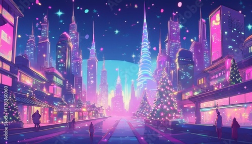 Lo-fi Futuristic Metropolis panorama view in Christmas Night scene