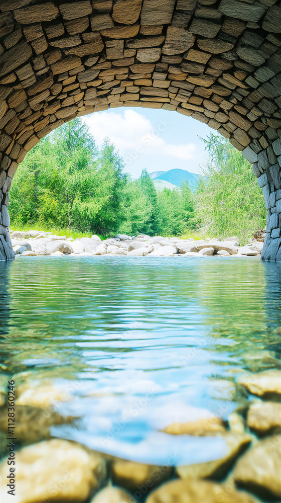 A serene river flowing under a stone arch bridge surrounded by lush greenery, symbolizing peace and timeless beauty. Ideal for nature themes. Copy space provided. A serene river flowing under a stone arch bridge surrounded by lush greenery, symbolizing peace and timeless beauty. Ideal for nature themes. Copy space provided.