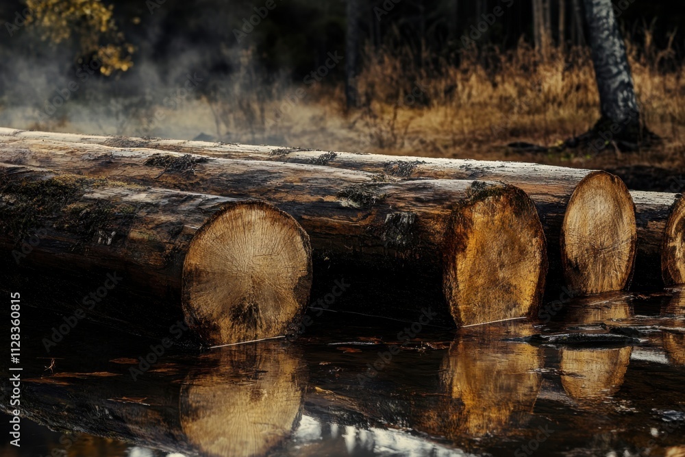 Logs resting near a calm water surface surrounded by mist in a wooded area