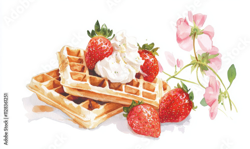 Delightful Watercolor Breakfast Scene with Crispy Waffles, Fresh Strawberries, and Luxurious Whipped Cream Accented by Floral Decor in a Gourmet Dessert Illustration