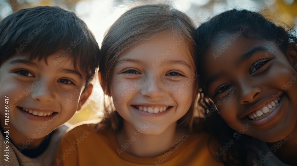 Closeup of three children, a white girl with a bright smile and wavy hair, a Black boy with a playful grin and short curly hair Closeup of three children, a white girl with a bright smile and wavy hair, a Black boy with a playful grin and short curly hair