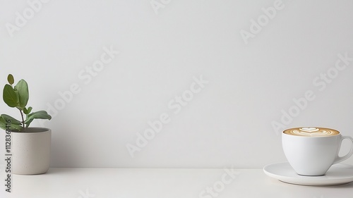 Wallpaper Mural showcasing simplicity and clarity concept. Cozy coffee scene with a plant on a minimalist table. Torontodigital.ca