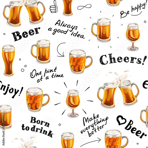 Seamless pattern with beer glasses and lettering. Mugs and glasses for toast with light beer on a white background. 
