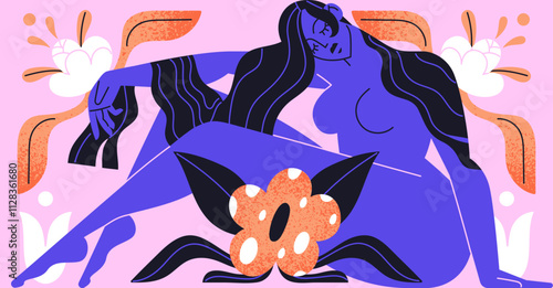 Silhouette of naked woman on Matisse art. Purple female figure of sensuality sits with abstract flowers, leaf shapes. Modern artwork with colourful plants, floral forms. Flat vector illustration