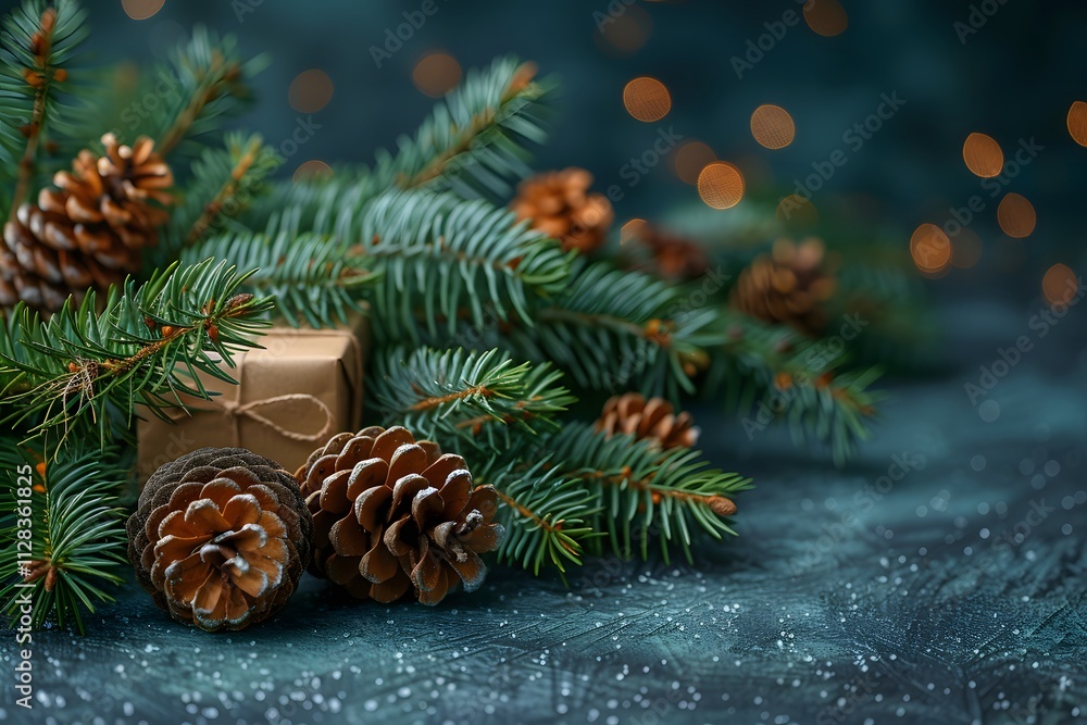 Rustic Christmas Decor with Pinecones and Wrapped Gift on Evergreen Branches Rustic Christmas Decor with Pinecones and Wrapped Gift on Evergreen Branches