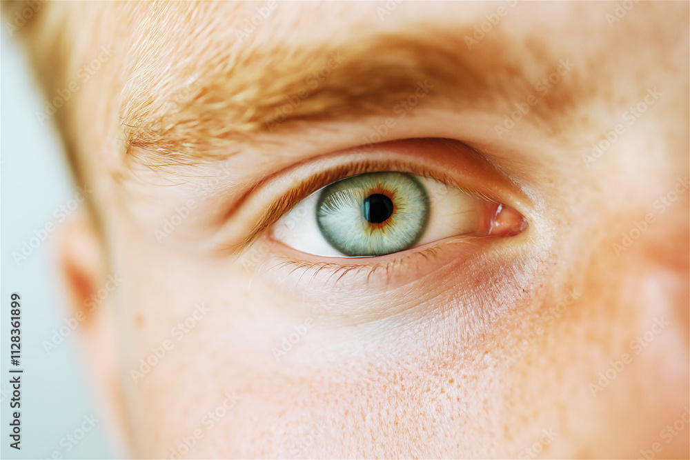 Fototapeta premium A close-up shot of a bright green eye with vivid detail, capturing the intricate patterns of the iris against smooth skin, evoking curiosity and uniqueness.