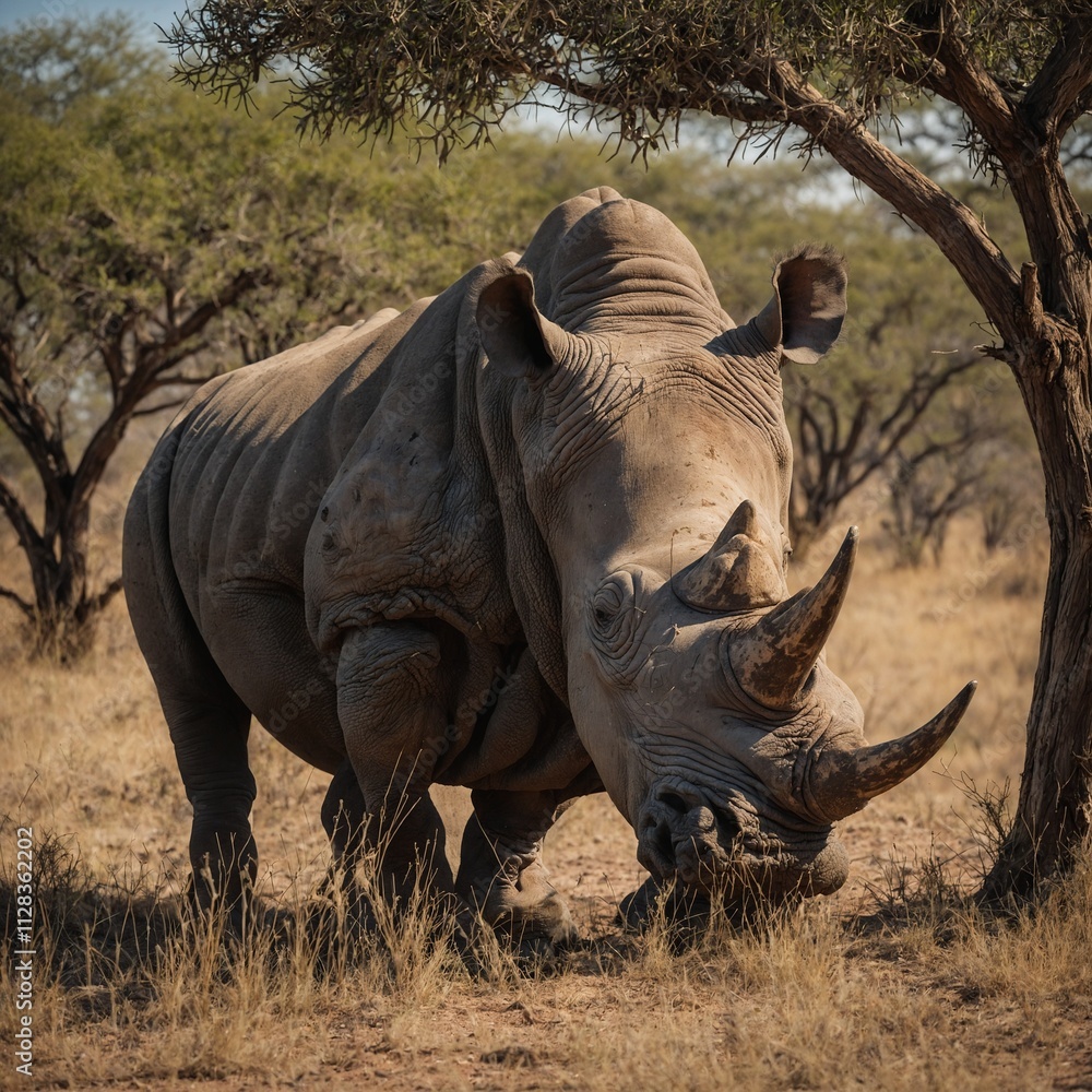 Fototapeta premium A rhinoceros resting in the shade of a tree in a dry savannah.