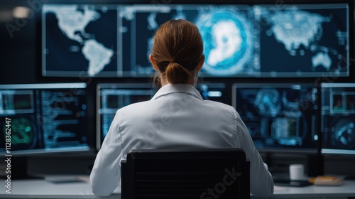 Monitoring severe weather events control room digital displays high-tech environment professional viewpoint meteorological data analysis