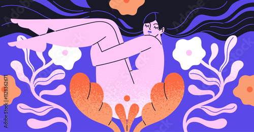 Contemporary Matisse art. Tender naked woman sits in abstract flower bud. Female silhouette of sensuality among leaf shapes, colourful plants, floral forms on artwork. Flat vector illustration