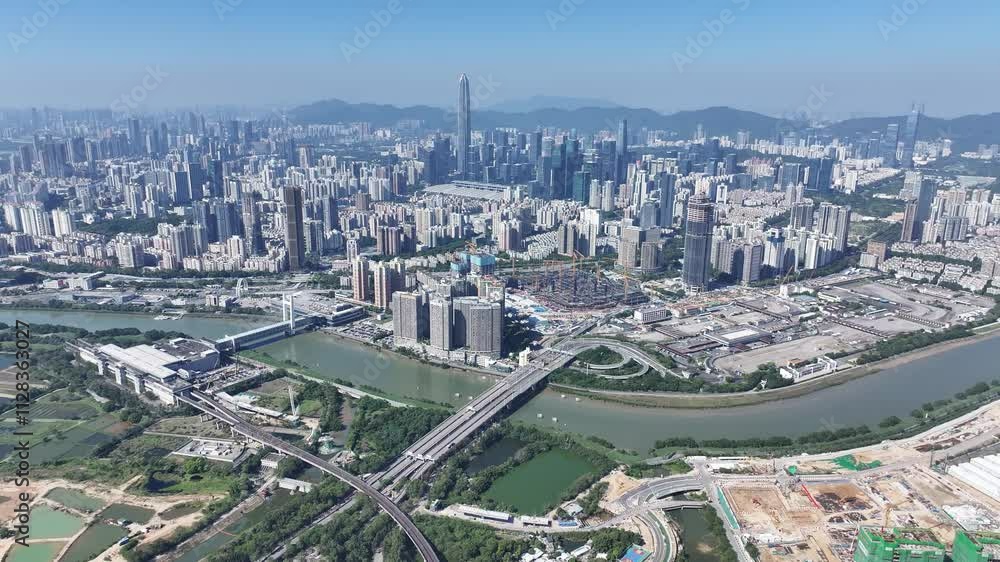Aerial skyview of Lok Ma Chau Loop showcasing the Hong Kong-Shenzhen Innovation and Technology Park redevelopment near Huanggang Port and the Greater Bay Area economic growth Aerial skyview of Lok Ma Chau Loop showcasing the Hong Kong-Shenzhen Innovation and Technology Park redevelopment near Huanggang Port and the Greater Bay Area economic growth