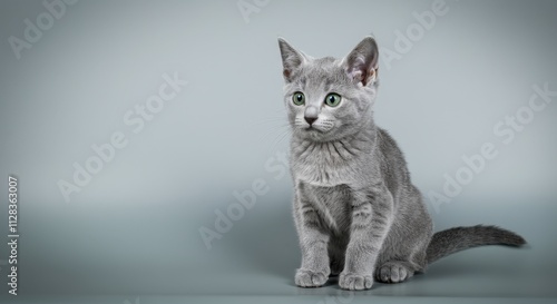 Adorable gray kitten with green eyes on subtle gray background for pet lovers photo